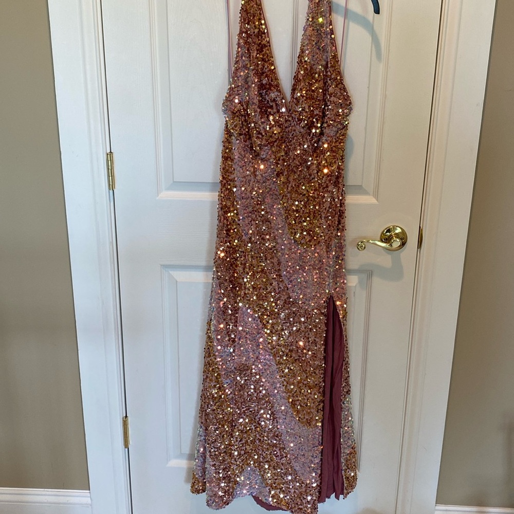 Free People Gold Sequin Gown Plunge Neckline